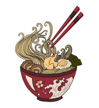 Geleneksel Japon eriştesi ve duvar kağıdı üzerine restoran baskısı için el sallama. Karalama sanatı için Ramen vektör çizimi. Arka planda yemek çubukları vektörü ile gün doğumu..