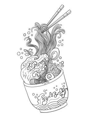 Geleneksel Japon eriştesi ve duvar kağıdı üzerine restoran baskısı için el sallama. Karalama sanatı için Ramen vektör çizimi. Arka planda yemek çubukları vektörü ile gün doğumu..