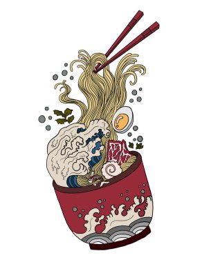 Geleneksel Japon eriştesi ve duvar kağıdı üzerine restoran baskısı için el sallama. Karalama sanatı için Ramen vektör çizimi. Arka planda yemek çubukları vektörü ile gün doğumu..