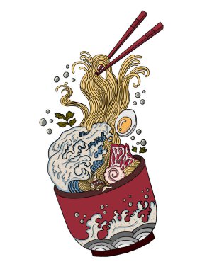 Geleneksel Japon eriştesi ve duvar kağıdı üzerine restoran baskısı için el sallama. Karalama sanatı için Ramen vektör çizimi. Arka planda yemek çubukları vektörü ile gün doğumu..