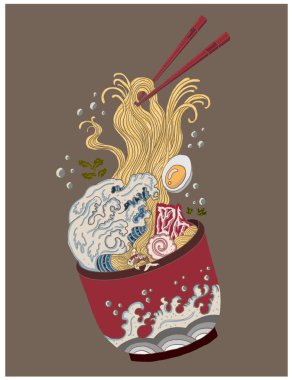 Geleneksel Japon eriştesi ve duvar kağıdı üzerine restoran baskısı için el sallama. Karalama sanatı için Ramen vektör çizimi. Arka planda yemek çubukları vektörü ile gün doğumu..