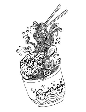 Geleneksel Japon eriştesi ve duvar kağıdı üzerine restoran baskısı için el sallama. Karalama sanatı için Ramen vektör çizimi. Arka planda yemek çubukları vektörü ile gün doğumu..