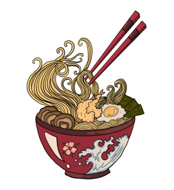 Geleneksel Japon eriştesi ve duvar kağıdı üzerine restoran baskısı için el sallama. Karalama sanatı için Ramen vektör çizimi. Arka planda yemek çubukları vektörü ile gün doğumu..