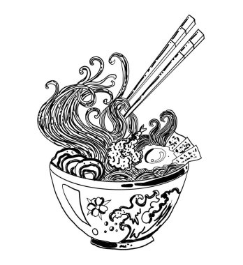 Traditional Japanese ramen and wave for restaurant printing on wallpaper.Ramen vector illustration for doodle art.Sunrise with chopsticks vector for painting on background.
