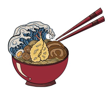 Geleneksel Japon eriştesi ve duvar kağıdı üzerine restoran baskısı için el sallama. Karalama sanatı için Ramen vektör çizimi. Arka planda yemek çubukları vektörü ile gün doğumu..