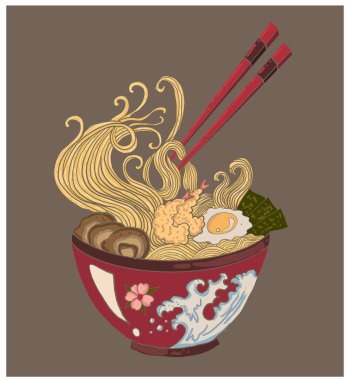 Geleneksel Japon eriştesi ve duvar kağıdı üzerine restoran baskısı için el sallama. Karalama sanatı için Ramen vektör çizimi. Arka planda yemek çubukları vektörü ile gün doğumu..