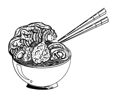 Traditional Japanese ramen and wave for restaurant printing on wallpaper.Ramen vector illustration for doodle art.Sunrise with chopsticks vector for painting on background.