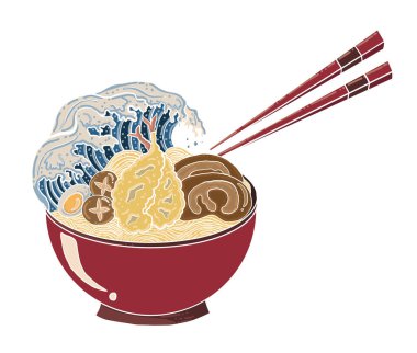 Traditional Japanese ramen and wave for restaurant printing on wallpaper.Ramen vector illustration for doodle art.Sunrise with chopsticks vector for painting on background.