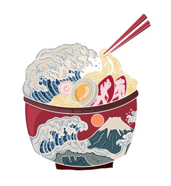 Geleneksel Japon eriştesi ve duvar kağıdı üzerine restoran baskısı için el sallama. Karalama sanatı için Ramen vektör çizimi. Arka planda yemek çubukları vektörü ile gün doğumu..