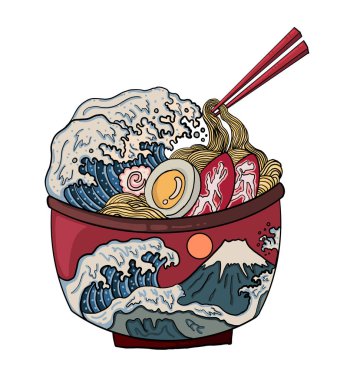 Geleneksel Japon eriştesi ve duvar kağıdı üzerine restoran baskısı için el sallama. Karalama sanatı için Ramen vektör çizimi. Arka planda yemek çubukları vektörü ile gün doğumu..