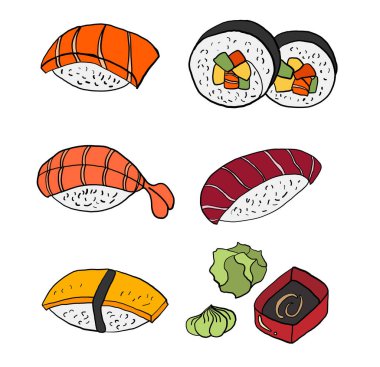 Japon yemekleri, Sushi arka planda yazdırmak için vektör illüstrasyonunu ayarlar. Restorandaki elementler ve mutfak malzemeleri için geleneksel Japon kültürü.