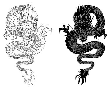 Japon kırmızı ejderha dövmesi. Çin Yeni Yılı için kırmızı zemin üzerinde ejderha. Altın çizgili Çin Ejderhası vektörü. Altın çizgili Kral Ejderha dövmesi. Tişört için çizgi film vektörü..