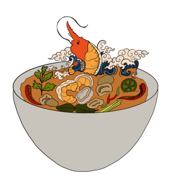 Duvar kağıdına basmak için geleneksel Tayland yemeği. Tom yum kung çorba illüstrasyonunun taşıyıcısı. Beyaz izole arkaplana el çizimi Asya yemeği..