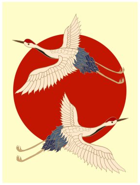 Tişört için turna ve Japon dalga vektör çizimi. Çemberde geleneksel Çin dalgası. Gömlek üzerine basmak için güzel bir doğa çizgisi..