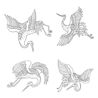 Tişört için turna ve Japon dalga vektör çizimi. Çemberde geleneksel Çin dalgası. Gömlek üzerine basmak için güzel bir doğa çizgisi..