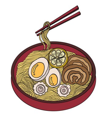 Geleneksel Japon eriştesi, sakura kasesinde somon balığı. Gün doğumu ve Japon dalgası ramende. Japon erişte yiyeceği. Restoranda duvar kağıdına basmak için Japon yemeği..