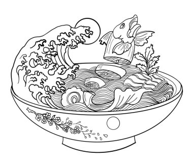 Geleneksel Japon eriştesi, sakura kasesinde somon balığı. Gün doğumu ve Japon dalgası ramende. Japon erişte yiyeceği. Restoranda duvar kağıdına basmak için Japon yemeği..