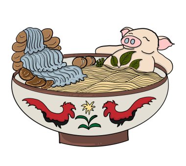 Tabakta domuz etli Tayland eriştesi. Duvar kağıdına resim yapmak için yemek kültürü. Beyazın üzerinde erişte vektör çizimi. Karalama sanatı için geleneksel Japon eriştesi..