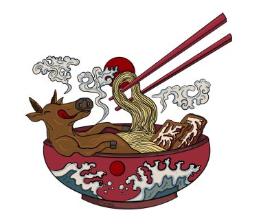 El yapımı Japon eriştesi, gündoğumu ve beafa. Restuaraunt.Karalama sanatları için erişte çorbası. Çizgi film stili. Japon kültürü..