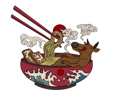 El yapımı Japon eriştesi, gündoğumu ve beafa. Restuaraunt.Karalama sanatları için erişte çorbası. Çizgi film stili. Japon kültürü..