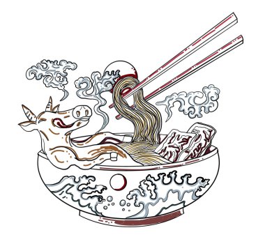 El yapımı Japon eriştesi, gündoğumu ve beafa. Restuaraunt.Karalama sanatları için erişte çorbası. Çizgi film stili. Japon kültürü..