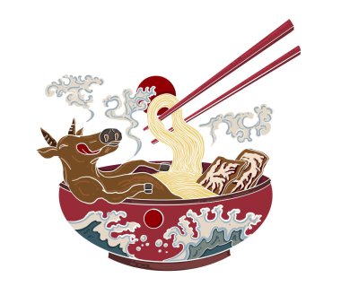 El yapımı Japon eriştesi, gündoğumu ve beafa. Restuaraunt.Karalama sanatları için erişte çorbası. Çizgi film stili. Japon kültürü..