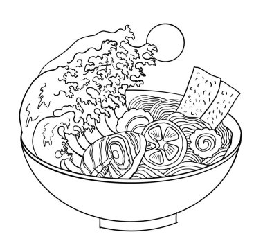 Geleneksel Japon eriştesi, sakura kasesinde somon balığı. Gün doğumu ve Japon dalgası ramende. Japon erişte yiyeceği. Restoranda duvar kağıdına basmak için Japon yemeği..