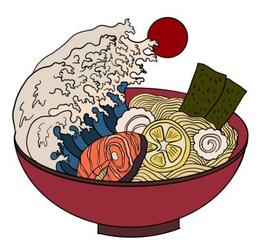 Geleneksel Japon eriştesi, sakura kasesinde somon balığı. Gün doğumu ve Japon dalgası ramende. Japon erişte yiyeceği. Restoranda duvar kağıdına basmak için Japon yemeği..