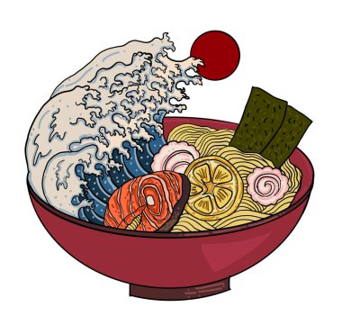 Geleneksel Japon eriştesi, sakura kasesinde somon balığı. Gün doğumu ve Japon dalgası ramende. Japon erişte yiyeceği. Restoranda duvar kağıdına basmak için Japon yemeği..