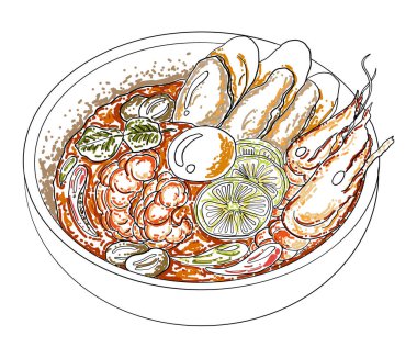 Duvar kağıdına basmak için geleneksel Tayland yemeği. Tom yum kung çorba illüstrasyonunun taşıyıcısı. Beyaz arka planda el yapımı Asya yemeği. Menüdeki elementler için deniz ürünleri resimleme.