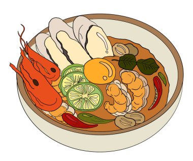 Duvar kağıdına basmak için geleneksel Tayland yemeği. Tom yum kung çorba illüstrasyonunun taşıyıcısı. Beyaz arka planda el yapımı Asya yemeği. Menüdeki elementler için deniz ürünleri resimleme.