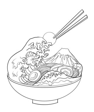 Geleneksel Japon eriştesi, sakura kasesinde somon balığı. Gün doğumu ve Japon dalgası ramende. Japon erişte yiyeceği. Restoranda duvar kağıdına basmak için Japon yemeği..