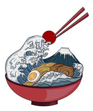 Geleneksel Japon eriştesi, sakura kasesinde somon balığı. Gün doğumu ve Japon dalgası ramende. Japon erişte yiyeceği. Restoranda duvar kağıdına basmak için Japon yemeği..