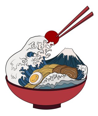 Geleneksel Japon eriştesi, sakura kasesinde somon balığı. Gün doğumu ve Japon dalgası ramende. Japon erişte yiyeceği. Restoranda duvar kağıdına basmak için Japon yemeği..