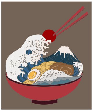 Geleneksel Japon eriştesi, sakura kasesinde somon balığı. Gün doğumu ve Japon dalgası ramende. Japon erişte yiyeceği. Restoranda duvar kağıdına basmak için Japon yemeği..