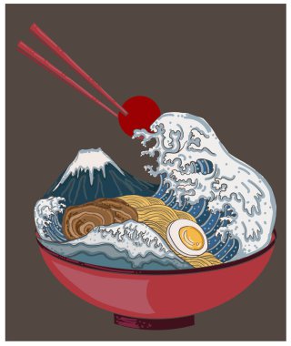 Geleneksel Japon eriştesi, sakura kasesinde somon balığı. Gün doğumu ve Japon dalgası ramende. Japon erişte yiyeceği. Restoranda duvar kağıdına basmak için Japon yemeği..