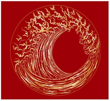 Japanese wave vector illustration for T-shirt.Traditional Chinese wave and sunrise.Beautiful line art of nature for printing on shirt.Asian art for doodle and painting on background.