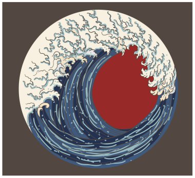 Japanese wave vector illustration for T-shirt.Traditional Chinese wave and sunrise.Beautiful line art of nature for printing on shirt.Asian art for doodle and painting on background.