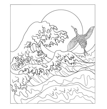 Crane and Japanese wave vector illustration for T-shirt.Traditional Chinese wave in circle.Beautiful line art of nature for printing on shirt.Asian art for doodle and painting on background.