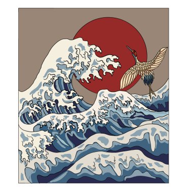 Tişört için turna ve Japon dalga vektör çizimi. Çemberde geleneksel Çin dalgası. Gömlek üzerine basmak için güzel bir doğa çizgisi..
