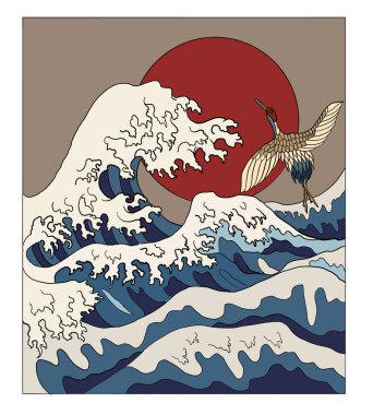 Tişört için turna ve Japon dalga vektör çizimi. Çemberde geleneksel Çin dalgası. Gömlek üzerine basmak için güzel bir doğa çizgisi..