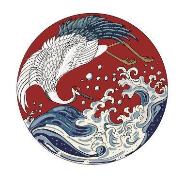 Crane and Japanese wave vector illustration for T-shirt.Traditional Chinese wave in circle.Beautiful line art of nature for printing on shirt.Asian art for doodle and painting on background.