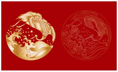 Crane and Japanese wave vector illustration for T-shirt.Traditional Chinese wave in circle.Beautiful line art of nature for printing on shirt.Asian art for doodle and painting on background.