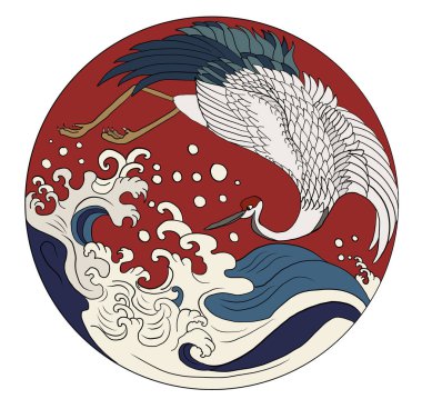 Tişört için turna ve Japon dalga vektör çizimi. Çemberde geleneksel Çin dalgası. Gömlek üzerine basmak için güzel bir doğa çizgisi..