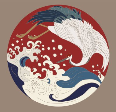 Tişört için turna ve Japon dalga vektör çizimi. Çemberde geleneksel Çin dalgası. Gömlek üzerine basmak için güzel bir doğa çizgisi..