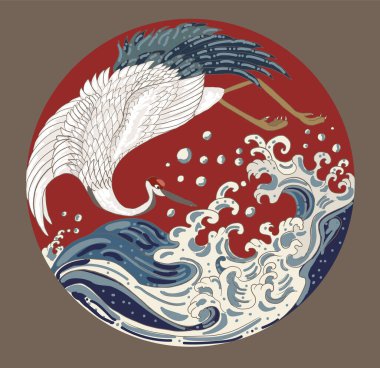 Tişört için turna ve Japon dalga vektör çizimi. Çemberde geleneksel Çin dalgası. Gömlek üzerine basmak için güzel bir doğa çizgisi..