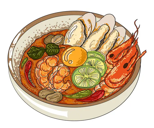 Duvar kağıdına basmak için geleneksel Tayland yemeği. Tom yum kung çorba illüstrasyonunun taşıyıcısı. Beyaz arka planda el yapımı Asya yemeği. Menüdeki elementler için deniz ürünleri resimleme.