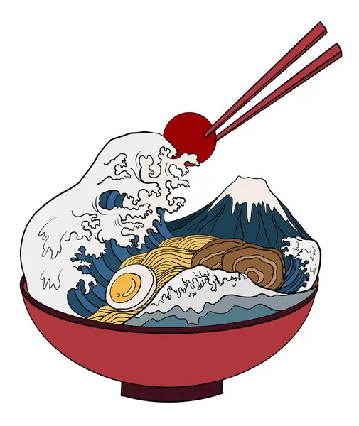 Geleneksel Japon eriştesi, sakura kasesinde somon balığı. Gün doğumu ve Japon dalgası ramende. Japon erişte yiyeceği. Restoranda duvar kağıdına basmak için Japon yemeği..