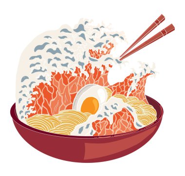 Geleneksel Japon eriştesi ve duvar kağıdı üzerine restoran baskısı için el sallama. Karalama sanatı için Ramen vektör çizimi. Arka planda yemek çubukları vektörü ile gün doğumu..