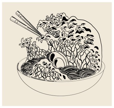 Traditional Japanese ramen and wave for restaurant printing on wallpaper.Ramen vector illustration for doodle art.Sunrise with chopsticks vector for painting on background.